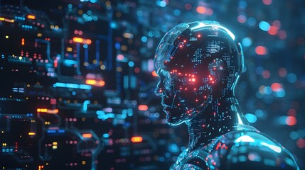 Futuristic Digital Humanoid Figure in Neon-Lit City Nightscape