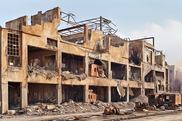 Fototapeta premium Abandoned industrial ruins with weathered construction elements. Decay background with old factory debris.