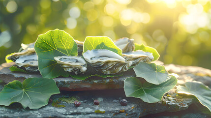Fresh oysters on stone with green leaf in the morning light