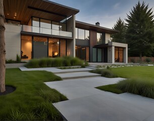 Large modern house with walkway and lots of grass.