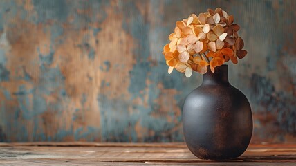 Placed on a wooden surface is a black ceramic vase holding a dried hydrangea bloom.