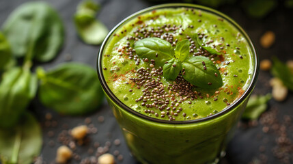 Green gazpacho in a glass. Cold soup of Spanish cuisine. Kiwi fruit smoothie in a glass closeup. 