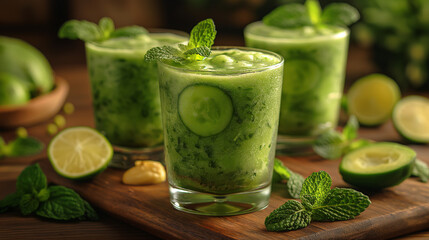 Green gazpacho in a glass. Cold soup of Spanish cuisine. Kiwi fruit smoothie in a glass closeup. 
