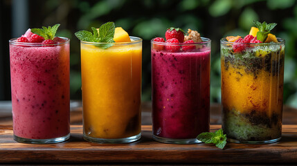 A variety of fruit smoothies. smoothies of fresh fruit in a glass, healthy food