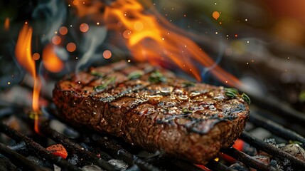 A beef steak simmering on the grill with a bit of flames. Generative AI.
