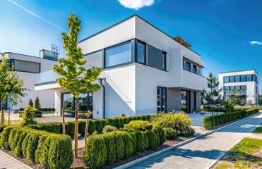 Fototapeta na wymiar Modern two-story house with garden in Poland, exterior view of the building with white walls and gray plastic window frames on a blue sky background
