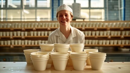 Female smiling natural yogurt maker, a mountain of empty yogurt pots are on the table. Generative AI.