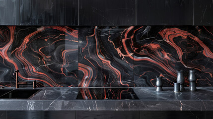 A series of black marble with red swirls backsplash tiles, each piece unique, creating a stunning visual backdrop for a luxury kitchen. 32k, full ultra HD, high resolution