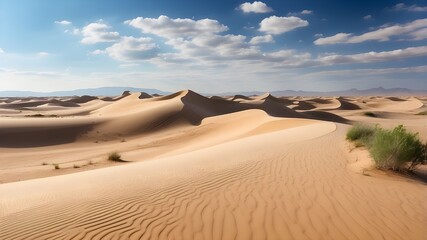 Fototapeta na wymiar undulating curves of sand dunes, devoid of footprints. Convey a sense of vastness and solitude