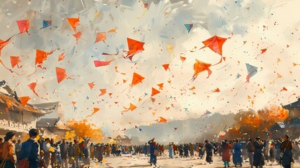 A joyful crowd celebrating Basant, with a myriad of colorful kites adorning the white sky in a captivating display