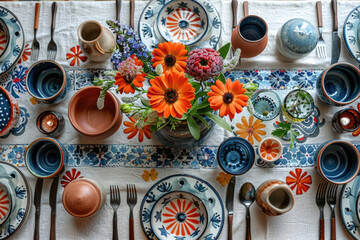 A table set for a meal, with colorful dishes and utensils arranged in a geometric pattern