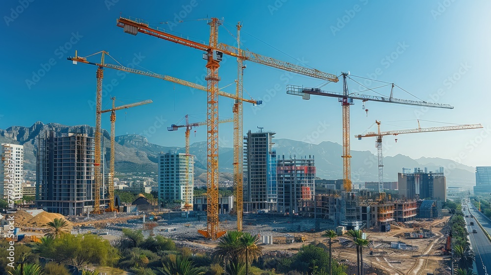 Poster a tower cranes with construction site. generative ai.