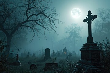 Moon night, An eerie, fog-shrouded graveyard under a full moon, AI generated