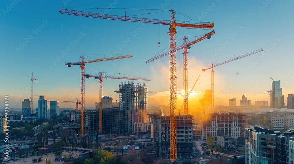 Poster a tower cranes with construction site. generative ai.