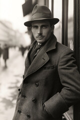young fashion man gentleman aristocrat in hat and coat on street in city. Vintage black and white historical scan