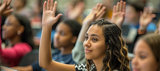 American college students raise their hands to answer in the classroom - Powered by Adobe