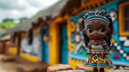 Chibi character of a South African child with braids painting Ndebele art on the walls of a house