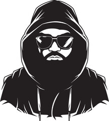 Noir Visionary Hipster Man in Hood and Glasses Vector Icon Spectral Sentinel Stylish Man in Hood and Glasses Vector Emblem