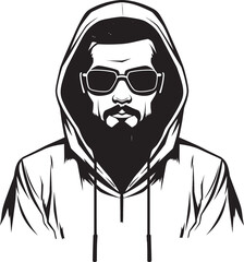 Stealthy Stare Hooded Man with Glasses Logo Shadowed Sleuth Sleek Man in Glasses Vector Emblem