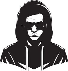 Shadow Sentinel Man in Hood and Glasses Vector Logo Symbol Noir Navigator Hooded and Glasses Wearing Figure Vector Logo Design