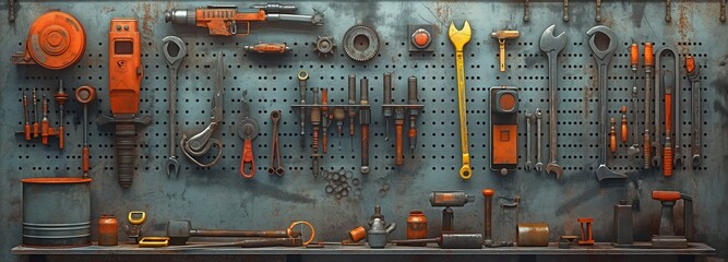 An assortment of hand tools for mechanics shown on a tool board - obrazy, fototapety, plakaty