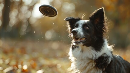 Focused border collie ready to catch frisbee in action packed image with blurred background