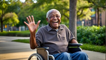 An elderly African American man in a wheelchair laughs and waves his arm - Powered by Adobe