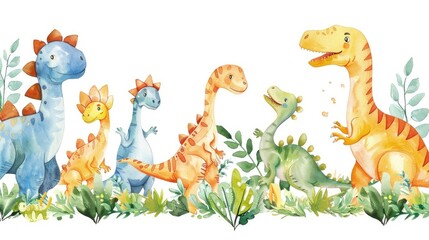 A playful cartoon scene of baby dinosaurs of various species, frolicking together, in bright watercolor on white