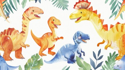 A playful cartoon scene of baby dinosaurs of various species, frolicking together, in bright watercolor on white