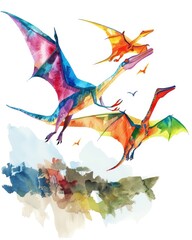 A playful cartoon scene of Pterodactyls soaring in the sky, their wings painted in bright hues, in watercolor on white