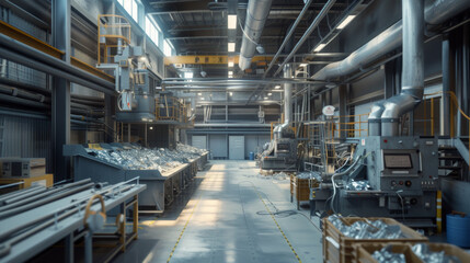 A modern plastic recycling plant with sorting machines and shredders, momentarily paused but ready to recycle plastic waste into reusable materials