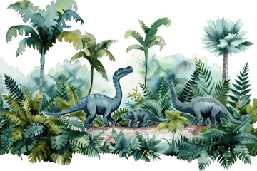 A curious cartoon assembly of Iguanodon, exploring a forest of giant ferns, painted in watercolor on white