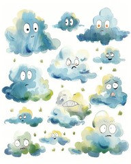 A curious cartoon collection of lenticular clouds, resembling UFOs, each with an alien peeking out, in watercolor on white
