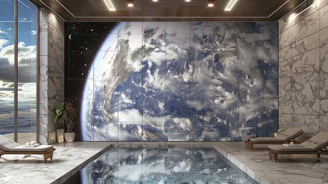 A set of marble wall tiles, each carefully crafted to fit together into a larger mosaic that recreates the view of earth from space. 32k, full ultra HD, high resolution