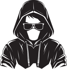 Urban Enigma Man in Hood and Glasses Vector Logo Icon Secret Sentry Disguised Figure in Hood and Glasses Vector Emblem