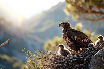 Golden eagle with chicks in a nest against a mountain backdrop - obrazy, fototapety, plakaty