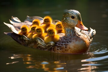 Mother duck with ducklings swimming in water
