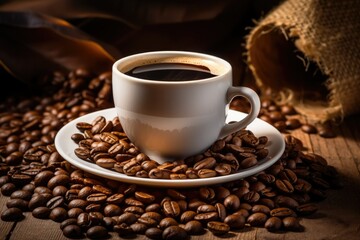 Fototapeta premium Cup of coffee with beans on a wooden table