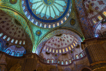 Istanbul, Turkey - March 23 2014: The splendid mosaic tiles decorated dome in Blue Mosque in...