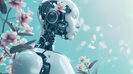Futuristic Artificial Humanoid with Organic Floral Elements in Serene Contemplation