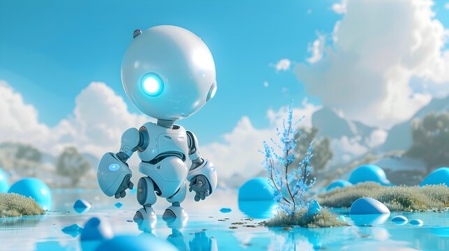 Robotic Sphere Exploring Fantastical Futuristic Landscape with Vibrant Nature