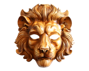 Face of a lion mask, golden lion mask on transparent background