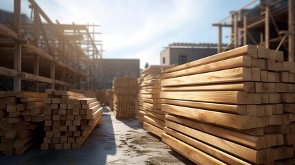 A photo of a construction site with a pile of lumber.