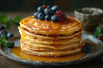 A close-up of a stack of pancakes, with syrup dripping down the sides