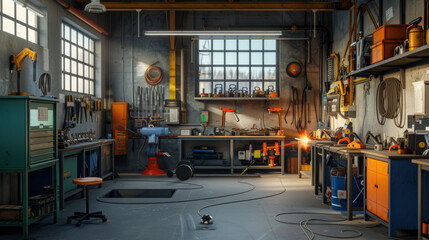 A busy metal fabrication workshop with welding stations and cutting tools, currently idle but ready to shape metal into various structures and components