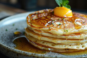 A close-up of a stack of pancakes, with syrup dripping down the sides - obrazy, fototapety, plakaty