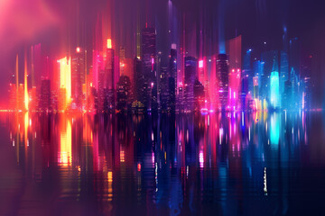 Fototapeta premium A city skyline reflected in the water with a colorful background
