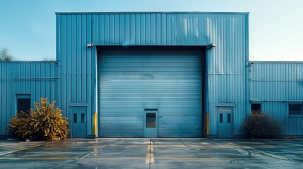 Rolling garage door, Industrial setting, exterior, daytime. Generative AI.