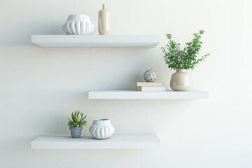 Fototapeta na wymiar Floating white wall shelves with decorative objects