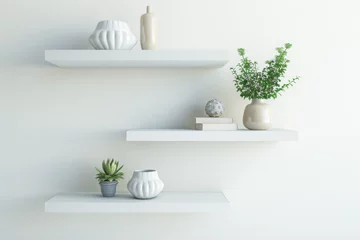 Deurstickers Floating white wall shelves with decorative objects © Dmitrii